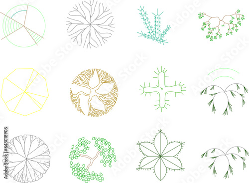 Vector sketch illustration clipart of trees and plants for completeness of images and designs seen from above 