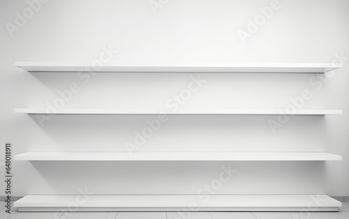 White shelves for goods display. Empty store showcase displays. Commercial retail shop product racks Retail environment.