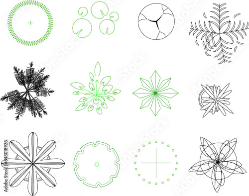 : Vector sketch illustration clipart of trees and plants for completeness of images and designs seen from above