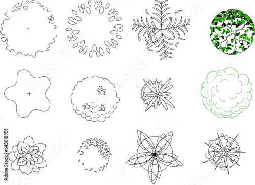 Vector sketch illustration clipart of trees and plants for completeness of images and designs seen from above