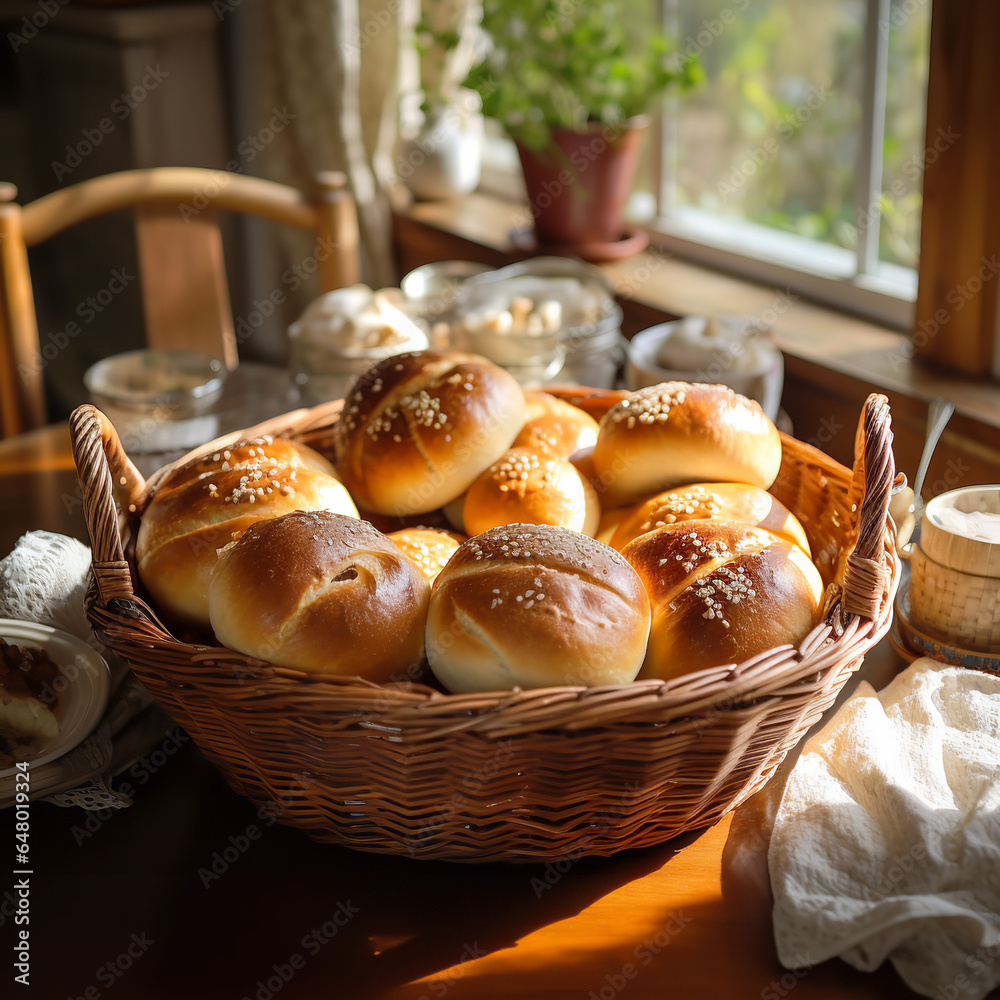 Basket of Fresh Buns on a Breakfast Table in the Morning, Rolls Close-Up