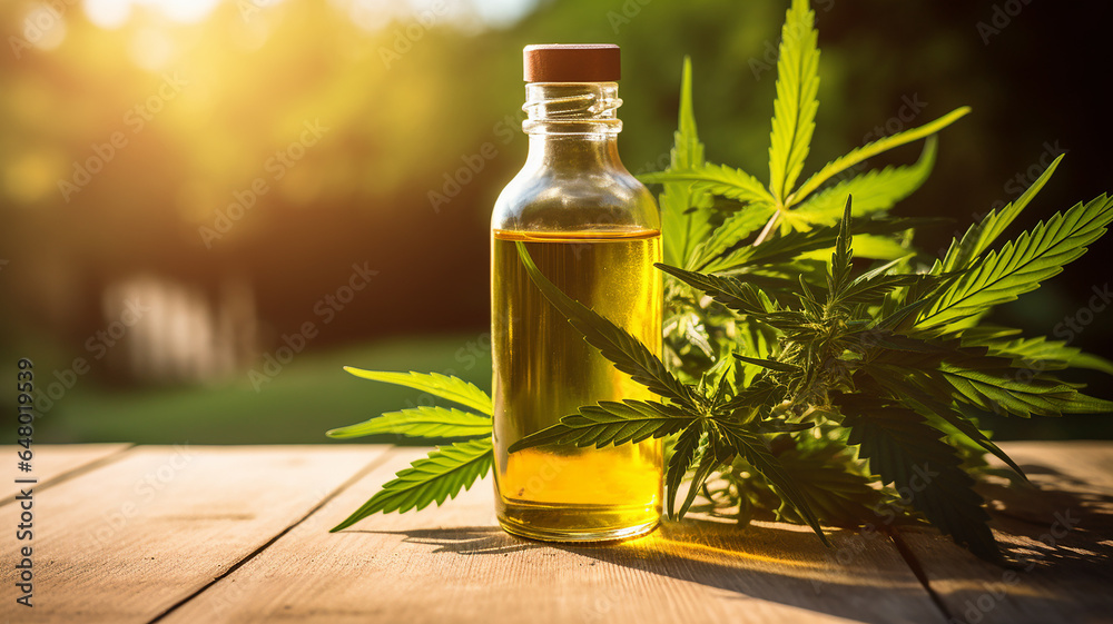Glass brown bottle with cannabis CBD oil with hemp leaves on the wooden table background. - obrazy, fototapety, plakaty 