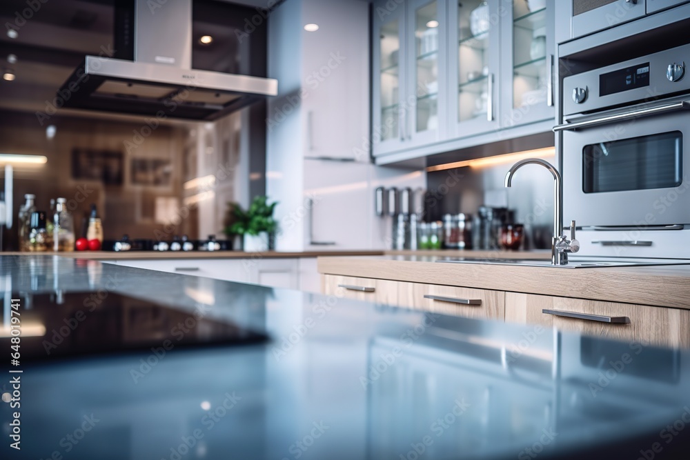 Blurred modern kitchen view. Scandinavian kitchen, minimalist design white accents. Ideal for product display or design layouts. Generative AI Blurred modern kitchen view. Scandinavian kitchen, minimalist design white accents. Ideal for product display or design layouts. Generative AI