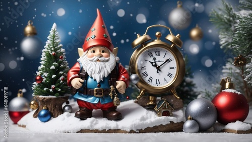 Christmas card with a gnome, a Christmas tree and an alarm clock. A dwarf on skis rides through the snow. Christmas fairy tale picture. Toy gnome, Christmas tree, alarm clock and Christmas balls