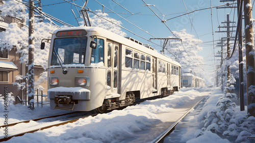 arafed train on tracks with snow on the ground and power lines Generative AI
