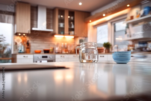 Blurred modern kitchen view. Scandinavian kitchen, minimalist design white accents. Ideal for product display or design layouts. Generative AI