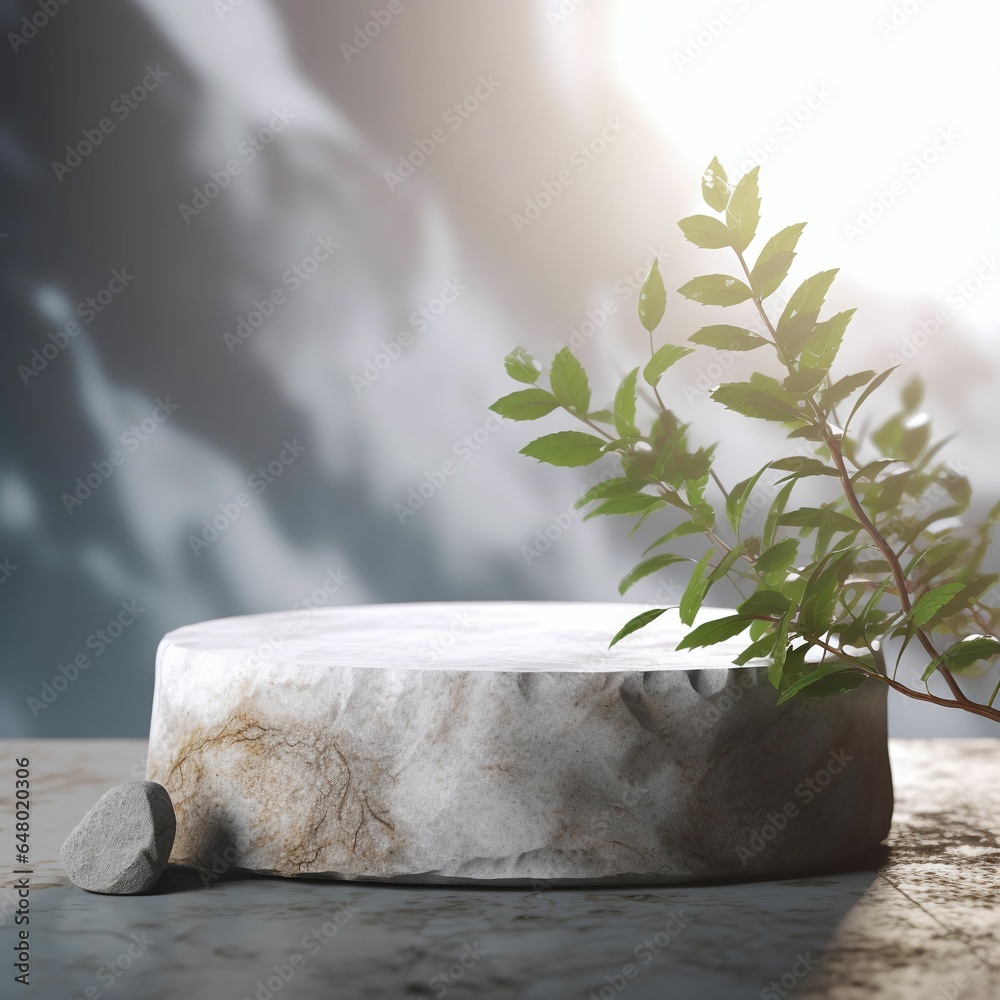 Marble podium for product display with plants and blur white wall background