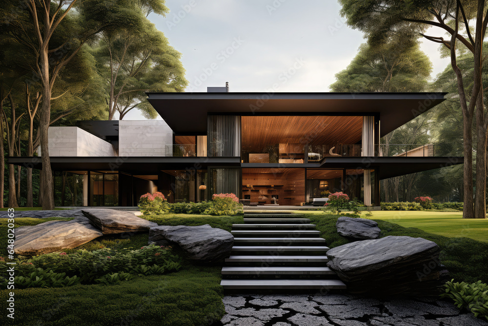 3d rendering of modern house with beautiful garden