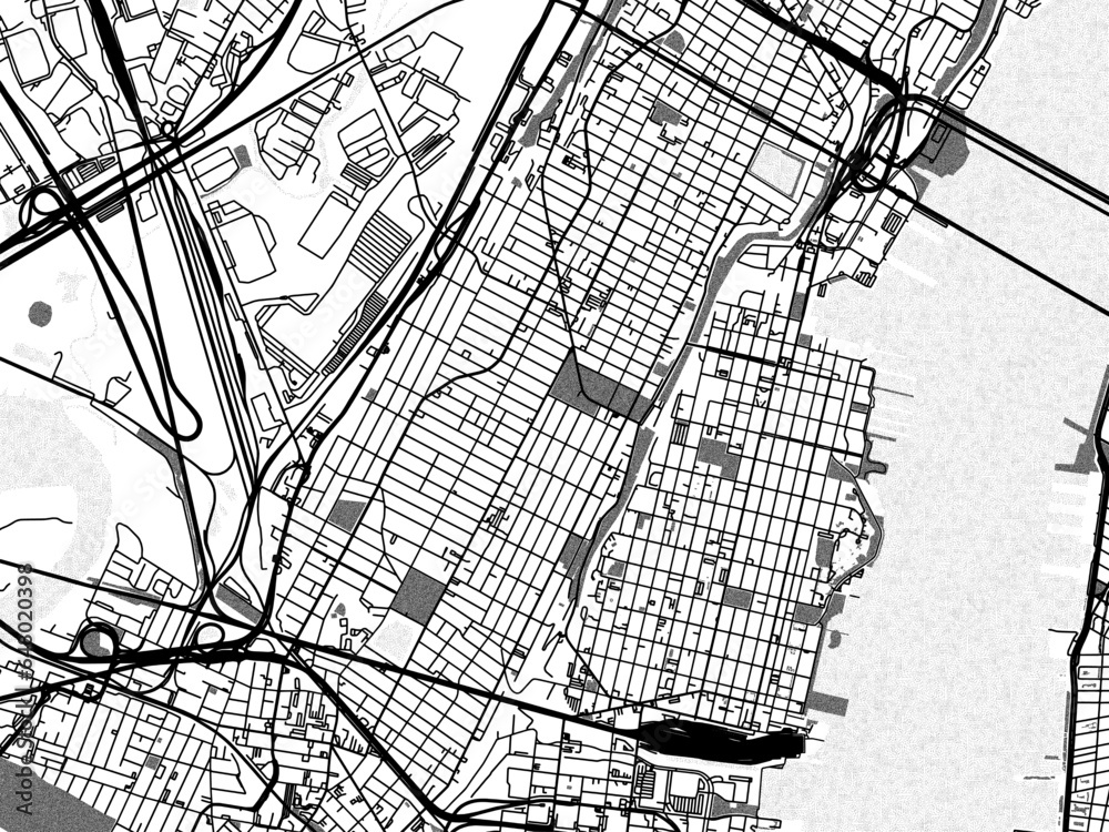 Naklejka premium Greyscale vector city map of Hoboken New Jersey in the United States of America with with water, fields and parks, and roads on a white background.