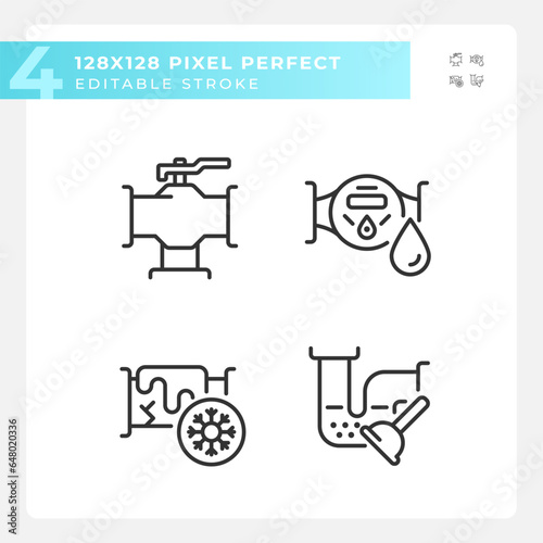 2D pixel perfect black icons set representing plumbing, editable thin line illustration.