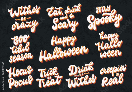 Set of 10 Halloween groovy quotes isolated on black textured background for stickers, prints, cards, sublimation, invitations, banners, etc. EPS 10