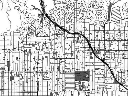 Greyscale vector city map of  Hollywood California in the United States of America with with water, fields and parks, and roads on a white background.