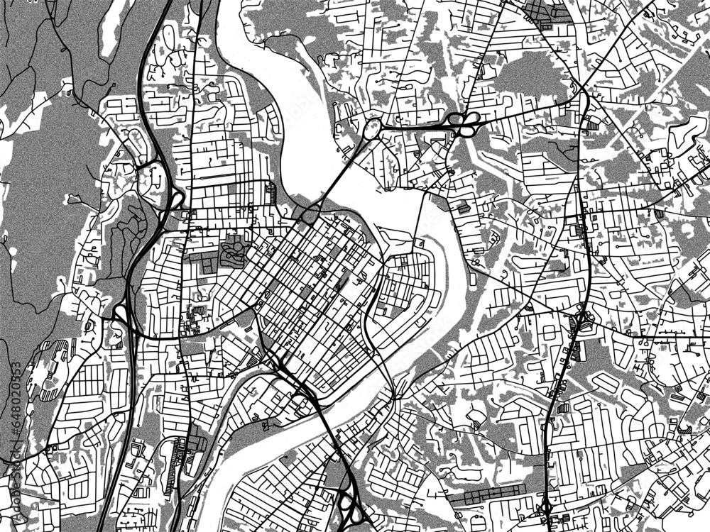 Obraz premium Greyscale vector city map of Holyoke Massachusetts in the United States of America with with water, fields and parks, and roads on a white background.