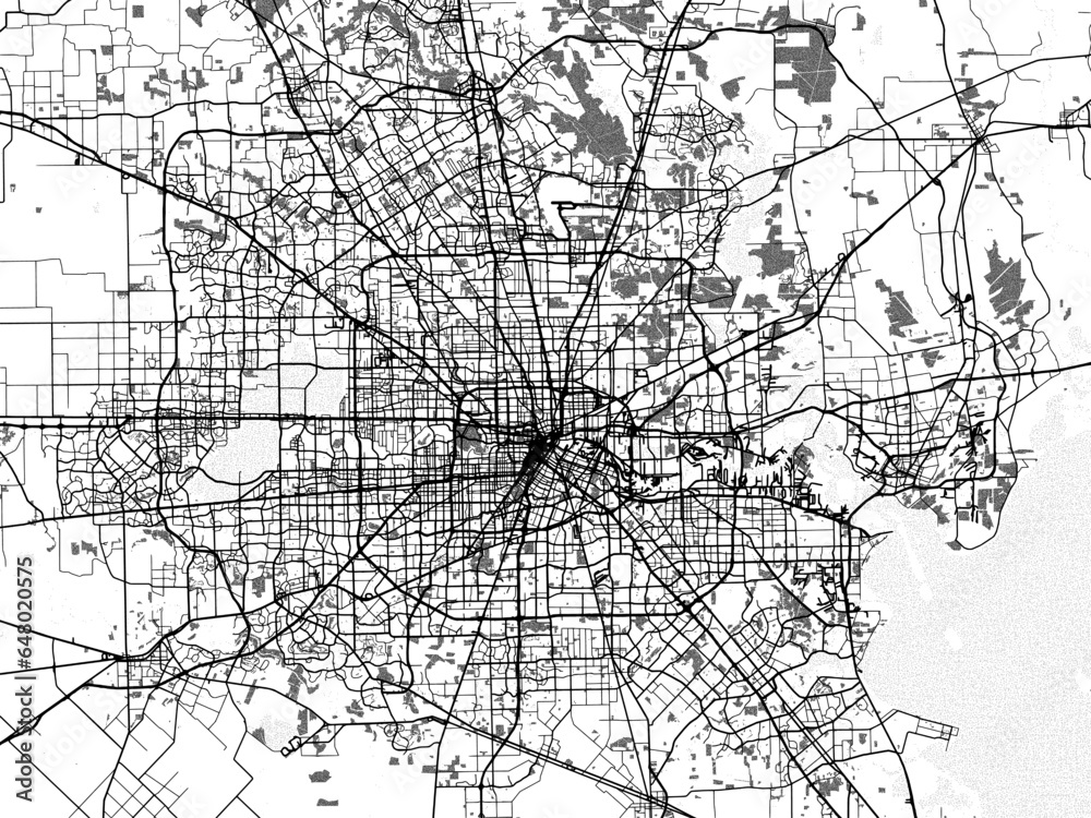 Greyscale vector city map of  Houston Metro Texas in the United States of America with with water, fields and parks, and roads on a white background.
