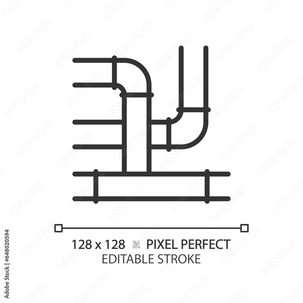 2D pixel perfect editable black pipeline icon, isolated vector, thin line illustration representing plumbing. 2D pixel perfect editable black pipeline icon, isolated vector, thin line illustration representing plumbing.