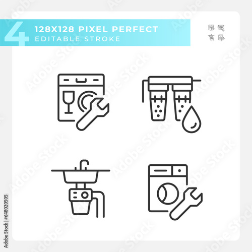 2D pixel perfect black icons set representing plumbing, editable thin linear illustration.