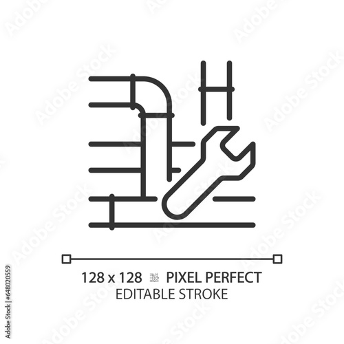 2D pixel perfect editable black pipe repair icon, isolated vector, thin line illustration representing plumbing.