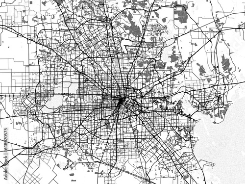 Greyscale vector city map of  Houston Metro Texas in the United States of America with with water, fields and parks, and roads on a white background.