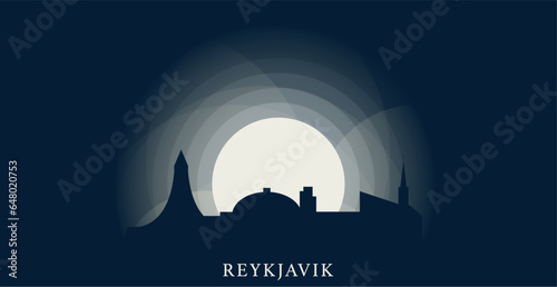 Iceland Reykjavik cityscape, skyline, city panorama vector flat modern banner. Seltjarnar Peninsula emblem idea with landmarks and building silhouettes at sunrise sunset at sunrise sunset night