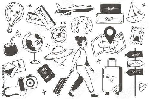 Travel set in flat line style. A visual tour with thousands of captivating flat design illustration sets, perfect for travel enthusiasts. Vector illustration.