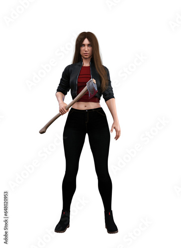 3D rendering of a killer with an axe, or a woman with an axe or a hatchet.  For horror book covers or horror movie poster designs.
