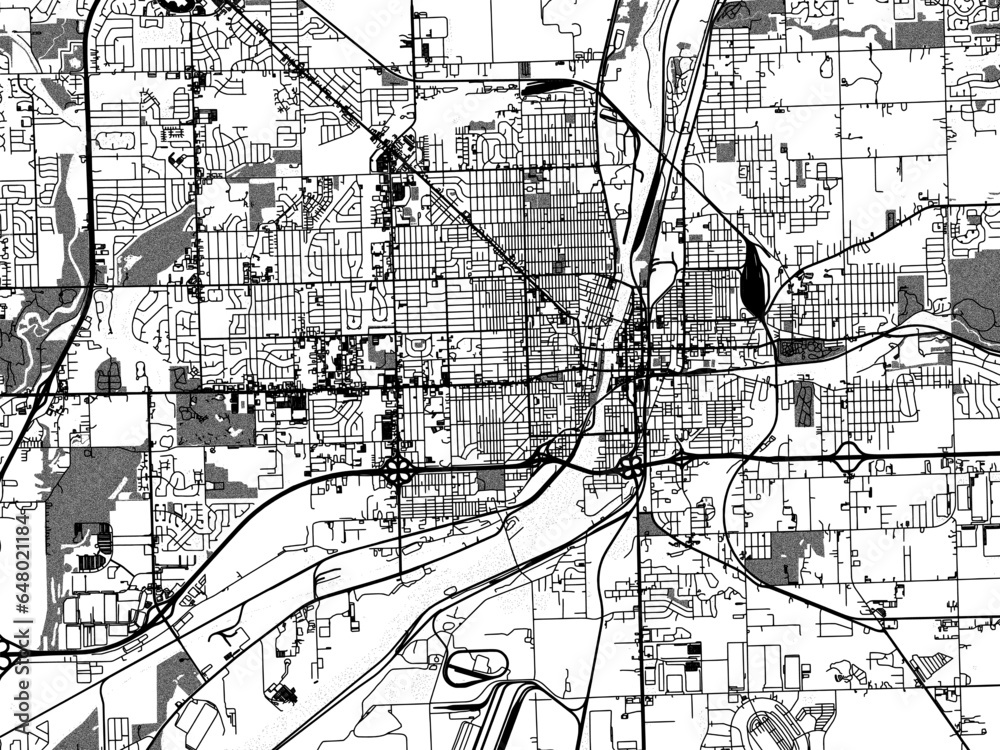 Greyscale vector city map of  Joliet Illinois in the United States of America with with water, fields and parks, and roads on a white background.