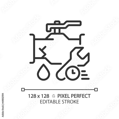 2D pixel perfect editable black pipe leakage with time and wrench icon, isolated vector, thin line illustration representing plumbing.