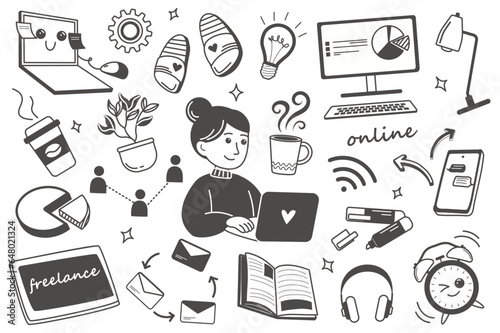 Freelance set in line cartoon design. This illustration perfectly demonstrates the essence of freelancing, depicting various trinkets for comfortable work. Vector illustration.