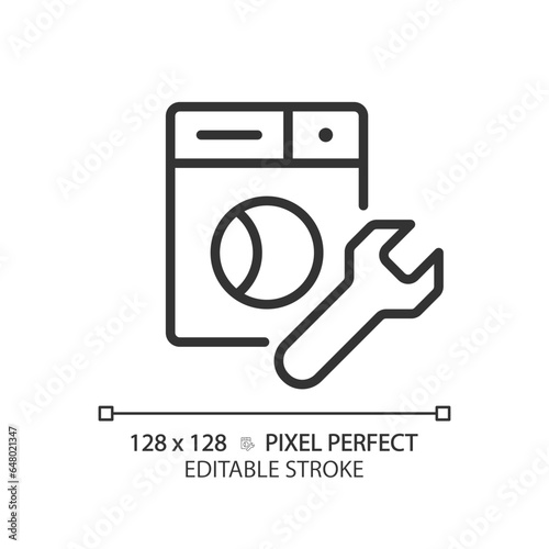 2D pixel perfect editable black washing machine repair icon, isolated vector, thin line illustration representing plumbing.