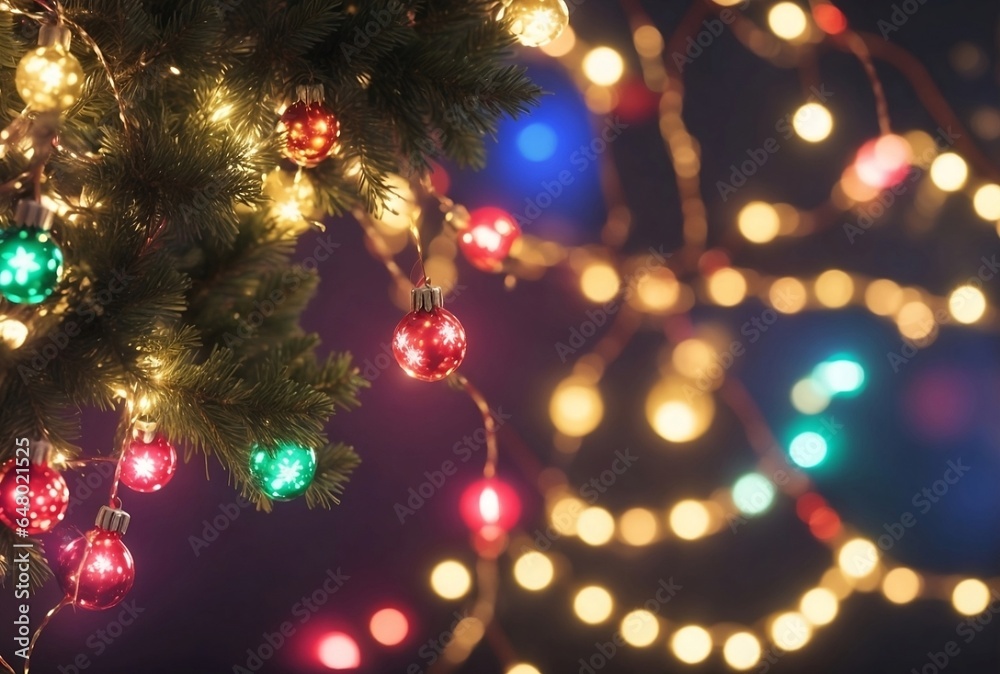 Christmas tree garland in bokeh elegant holiday decoration with dark background Christmas tree garland in bokeh elegant holiday decoration with dark background