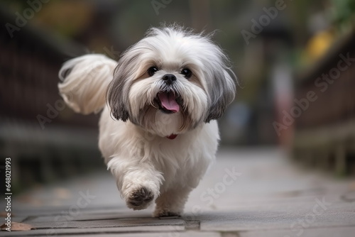 Happy cute shih tzu dog walking in chinese town