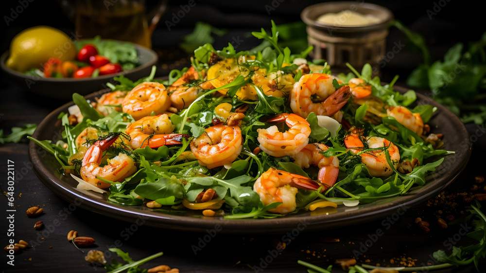 plate of salad with shrimp and greens on it Generative AI plate of salad with shrimp and greens on it Generative AI