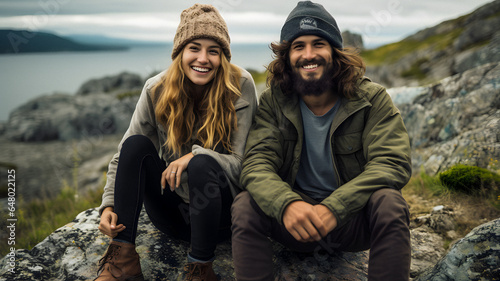 two people sitting on a rock near the water Generative AI