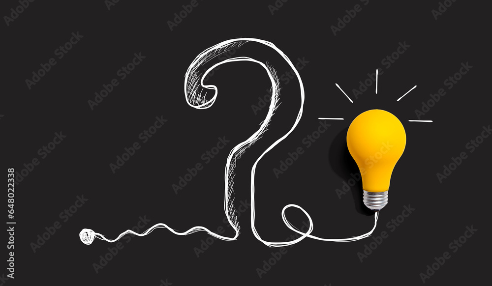 Fototapeta premium Light bulb and question mark - Flat lay