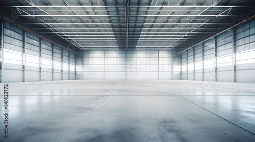 Concrete floor inside industrial building for large warehouse, factory, storehouse, hangar or plant. Modern interior with steel structure, industry background with empty space photo