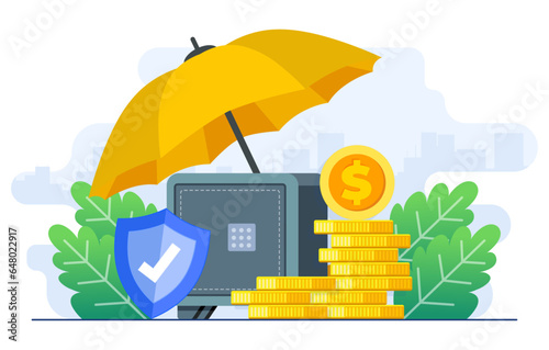 Financial insurance, Money protection, Secure cash investment concept flat illustration, Trust guarantees, Low-risk investments, Protection of valuable assets