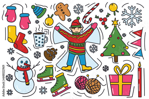 Winter colorful stickers in flat design. Creations with whimsical cartoon-style winter stickers  perfect for adding a touch of seasonal magic to artwork. Vector illustration.