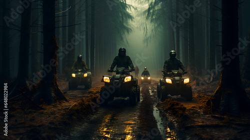 three people riding four wheelers through a forest on a trail Generative AI photo