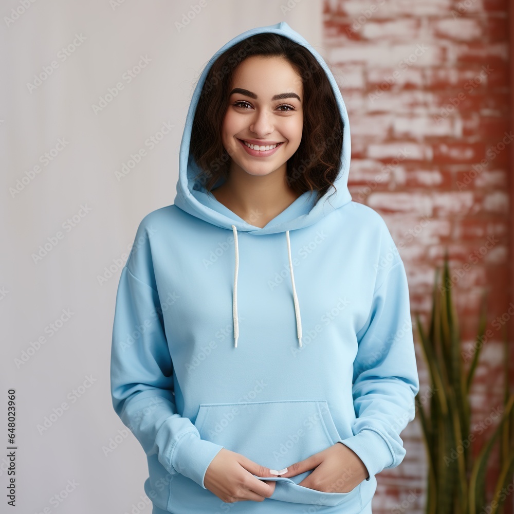 Fototapeta premium Illustration of a fashion portrait with plain hoodie mockup, AI Generated