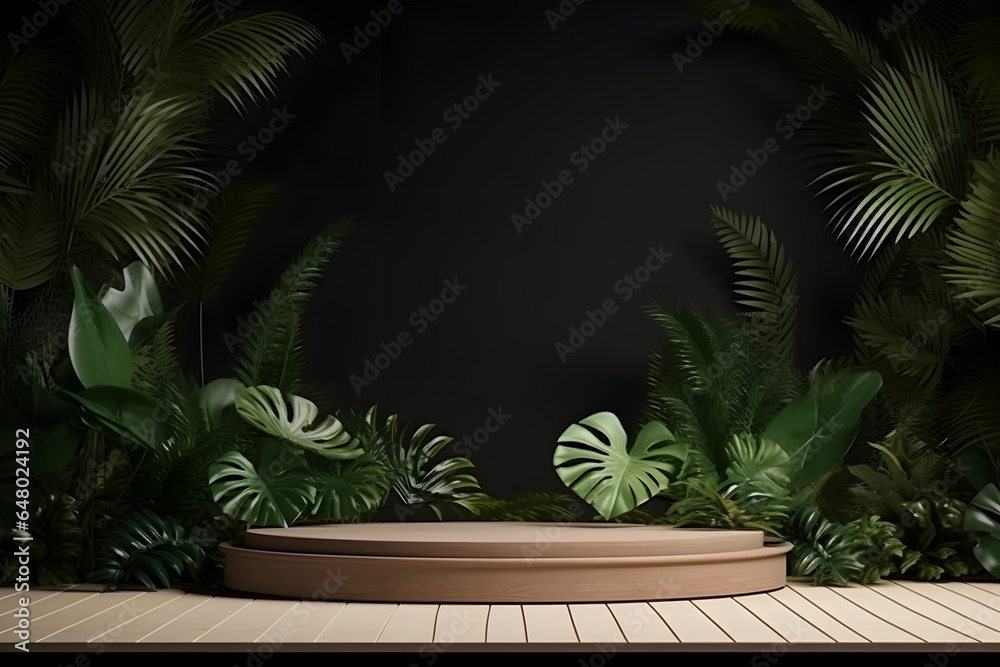 Tropical plants with empty wood podium, Minimal blank 3D wooden stage for products display presentation design, ai generate Tropical plants with empty wood podium, Minimal blank 3D wooden stage for products display presentation design, ai generate