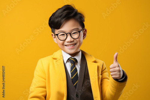 smiling Asian schoolboy wearing school uniform show thumb up finger on yellow background