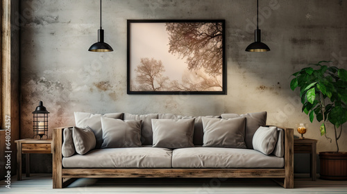 Boho Living Room with Grey Sofa and Beige Stucco Wall