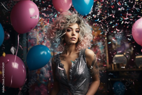 A gorgeous blonde woman i silver grey dress attending a party or celebration with balloons and confetti. Happy lifestyle concept. Generative AI