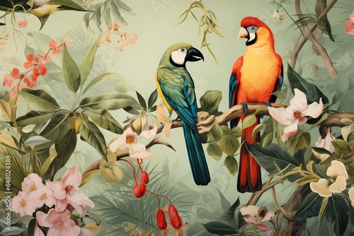 Illustration of two parrots on a branch photo