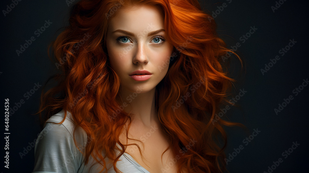Naklejka premium redhead haired woman with blue eyes and long red hair Generative AI
