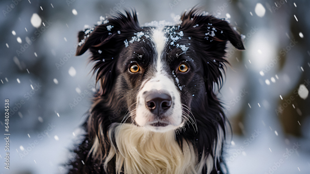 black and white dog that is standing in the snow Generative AI