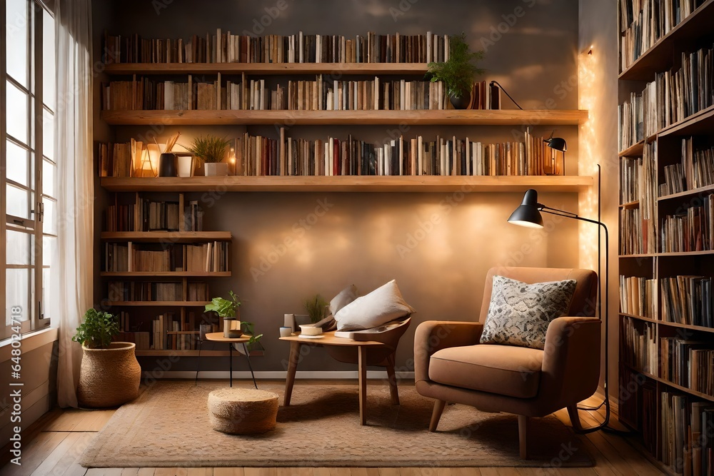 an inviting reading nook with a cozy armchair, a minimalistic bookshelf, and warm, diffused lighting.
