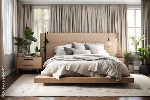 Craft a serene bedroom with a platform bed, blackout curtains, and soft, neutral hues.