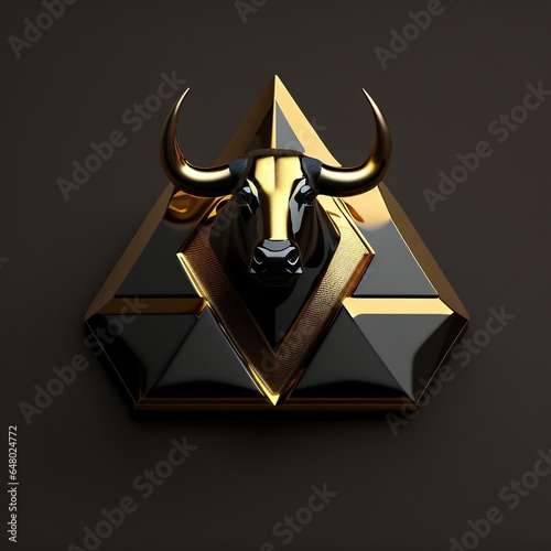 gold bull, black suit, background pyramid