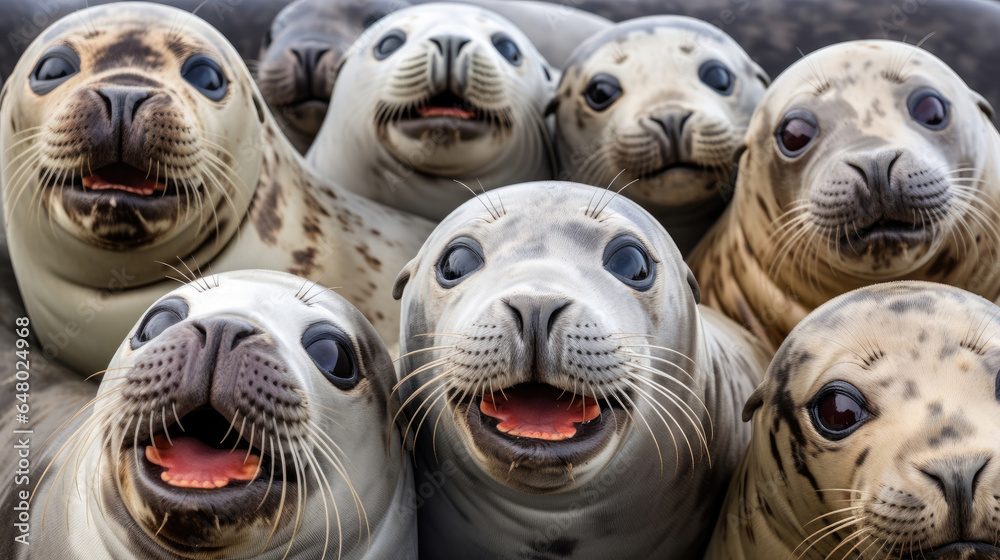 A group of gray seals close up in the wild